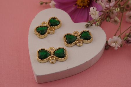 Kokardka z kryształkiem zielonym / łącznik / metal / złoty / 10,4x16,8mm/ 1szt