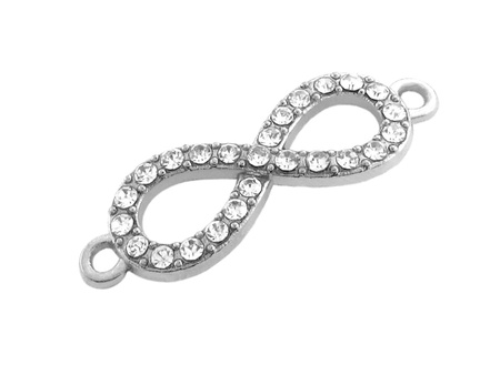 Łącznik metalowy, znak nieskończoności z cyrkoniami / kolor srebrny / 28x13mm / otwór 13mm