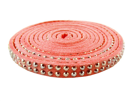 Rzemień z dżetami 5x2mm w kształcie kulek, ekologiczny, zamszowy / 2 rzędy / koralowy / 1m