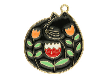 Kot z tulipanami / zawieszka / 31x27mm / metal / złoty, czarny / 1szt