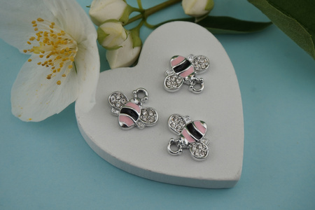 Pszczoła z cyrkoniami / różowy / srebrny / zawieszka / 12,8x15mm / metal / 1szt
