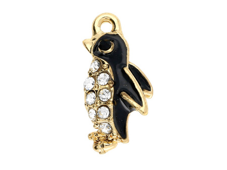 Pingwin Glamm™/ zawieszka charms / 9 cyrkonii / 19.5x10.5x4.5mm / KC Gold, czarny / 2szt