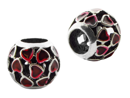 Przekładka ażurowa, oponka w czerwone serduszka 9x12mm / kolor srebrny / otwór 5mm / 1szt
