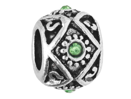 Oponka Glamm™ / przekładka / 4 cyrkonie / 7.5x10x10mm / srebrny, Peridot / otwór 4.5mm / 2szt