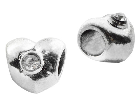 Przekładka serce z 2 cyrkoniami 10x9mm / kolor srebrny / otwór 4.5mm / 1szt