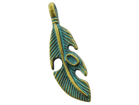 Piórko, zawieszka charms / 36x11mm / kolor antyczny brąz - Aqua / otwór 2.5mm / 2szt