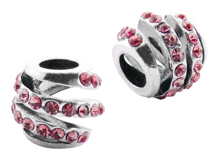 Przekładka ażurowa z 19 różowymi cyrkoniami 11x12mm / kolor srebrny / otwór 5mm / 1szt