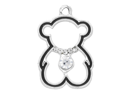Miś Glamm™/ zawieszka charms / 6 cyrkonii / 23x15x4mm / srebrny, czarny / 1szt