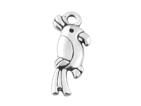 Papuga, zawieszka charms / kolor srebrny / 20x8x2mm / otwór 2mm