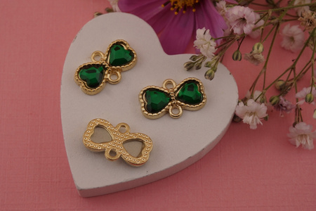 Kokardka z kryształkiem zielonym / łącznik / metal / złoty / 10,4x16,8mm/ 1szt