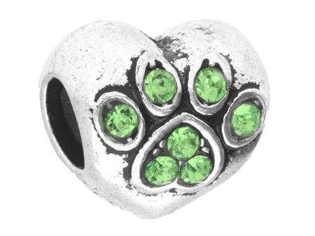 Serce, łapa psa Glamm™ / przekładka / 11x10x8mm / srebrny, Peridot / otwór 4.5mm / 2szt