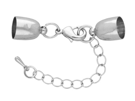 Końcówki z karabińczykiem i łańcuszkiem 5cm / miedź / 45x8x8mm / kolor srebrny / ot. 7mm / 2szt