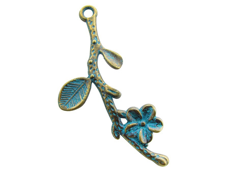 Kwiatek na gałązce 40x17mm, zawieszka charms / kolor antyczny brąz - Aqua / otwór 1.5mm / 2szt