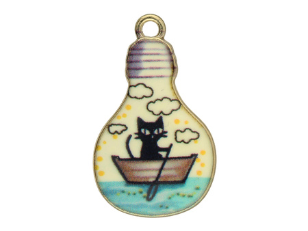 Żarówka z kotem / zawieszka / 25x17mm / metal / złoty, biały / 1szt