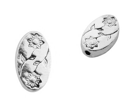 Przekładka owal z kwiatkami 10x6.5mm / kolor srebrny / otwór 1.2mm / 10szt