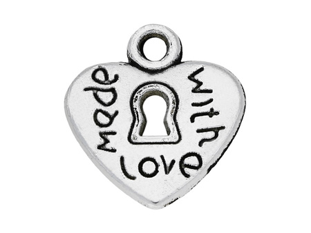Serce made with love 13x10mm, zawieszka charms / kolor srebrny / otwór 1.5mm / 10szt