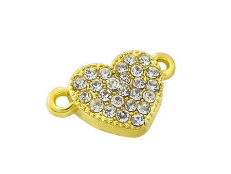 Serduszko, łącznik metalowy z cyrkoniami / kolor złoty / 18x11mm / otwór 1mm