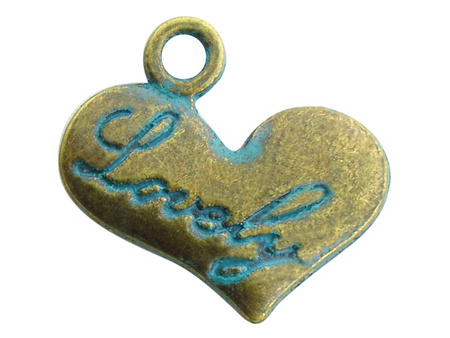 Serce lovely / zawieszka charms / 12x15mm / kolor antyczny brąz - Aqua / otwór 1.5mm / 2szt