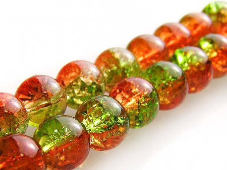 Koraliki szklane crackle, kula 8mm - kolor zielono-pomarańczowy - sznur 100szt.