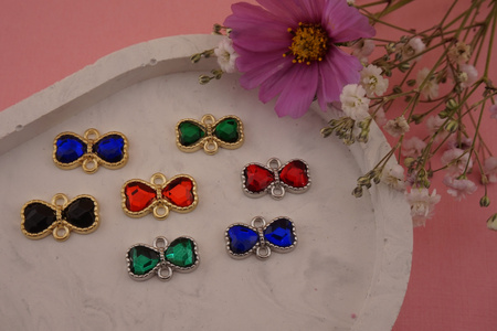 Kokardka z kryształkiem zielonym / łącznik / metal / złoty / 10,4x16,8mm/ 1szt