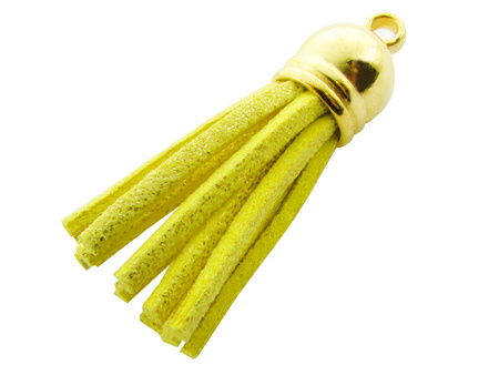 Chwost z rzemienia zamszowego, z końcówką 40mm / kolor żółty z brokatem / uchwyt 2.5mm / 1szt