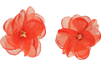 Kwiatek ozdobny / zawieszka / 35x45mm / metal, organza / czerwony / 1szt