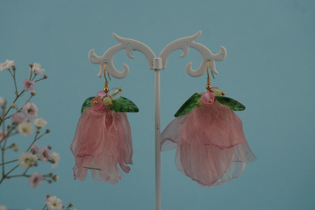 Kwiatek ozdobny / organza / różowy / ok 35mm / zestaw 2szt