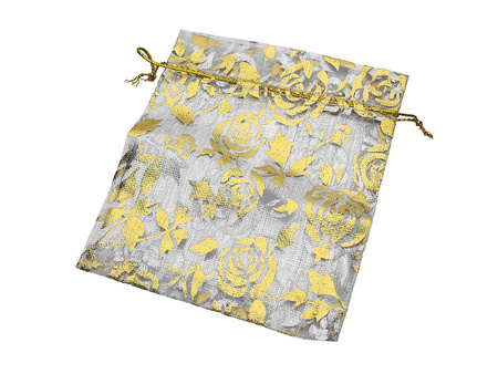 Woreczek z organzy / 10x12cm / popielaty w złote róże / 5szt