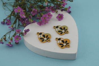 Serce w kwiatki czarne / łącznik / stal chirurgiczna / 10x13mm / złoty / 1szt