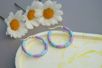 Kolczyki koła emaliowane / stal chirurgiczna / 30mm / złoty-liliowy-niebieski / 2szt