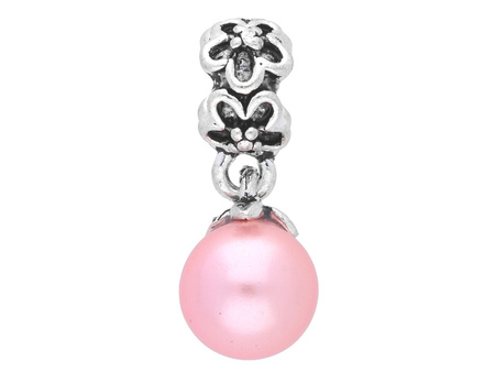 Oponka ze wzorem i perełką / zawieszka charms / 25x10x10mm / srebrny, różowy / 1szt