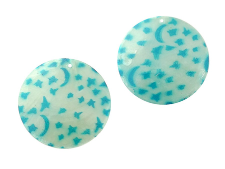 Koła z masy perłowej / błękitne w gwiazdy i księżyce / 45x1mm / otwór 2mm / 2szt