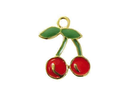 Czereśnie SweetCharm™ / zawieszka charms / 17x12mm / złoty, czerwony, zielony / otwór 2.3mm / 1szt