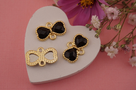 Kokardka z kryształkiem czarnym / łącznik / metal / złoty / 10,4x16,8mm/ 1szt