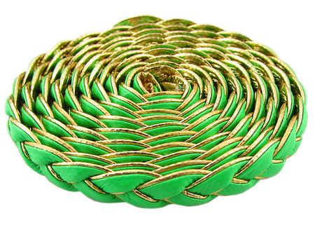 Rzemień ekologiczny, pleciony, płaski / dwustronny / zielony / złoty / 9x3mm / 1m
