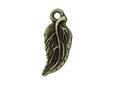 Liść / zawieszka charms / 19x8mm / kolor antyczny brąz / otwór 1.5mm / 6szt