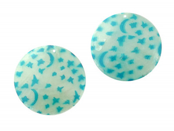 Koła z masy perłowej / błękitne w gwiazdy i księżyce / 45x1mm / otwór 2mm / 2szt