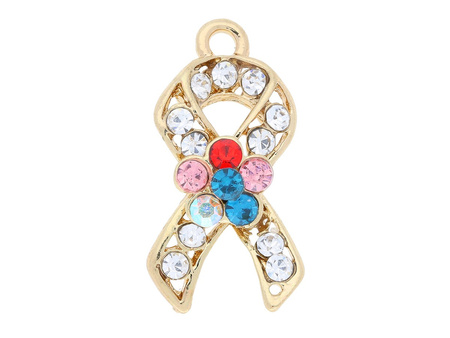 Wstążka z kwiatem / zawieszka charms / 18 cyrkonii / 22x11x5mm / KC Gold, multikolor / 1szt