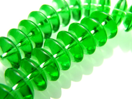 Koraliki szklane, przezroczyste, zielone / oponka / 8x4mm / otwór 1mm / 34szt