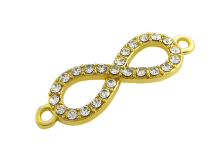 Łącznik metalowy, znak nieskończoności z cyrkoniami / kolor złoty / 32x11mm / otwór 1,5mm