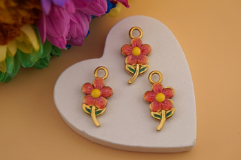 Kwiatek różowo - pomarańczowy / zawieszka emaliowana dwustronna / stal chirurgiczna / 20x10mm / 1szt