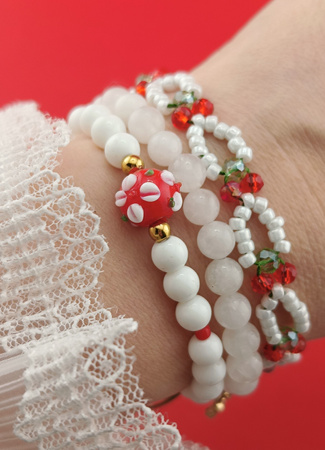 Kulka w kwiatki / szkło lampwork / czerwony, biały / 12mm / 2szt