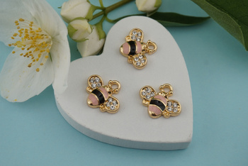 Pszczoła z cyrkoniami / różowy / złoty / zawieszka / 12,8x15mm / metal / 1szt