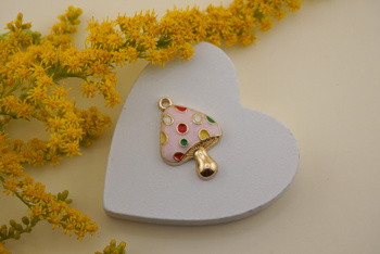 Muchomor w kolorowe kropki / różowy / zawieszka emaliowana / 15x23mm / metal / złoty / 1szt