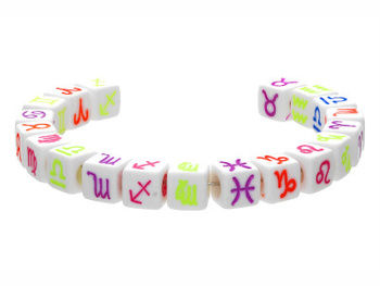 Koraliki akrylowe / białe z kolorowymi, neonowymi znakami zodiaku / 7mm / otwór 4mm / 20 koralików