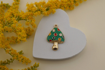 Muchomor w kolorowe kropki / zielony / zawieszka emaliowana / 15x23mm / metal / złoty / 1szt