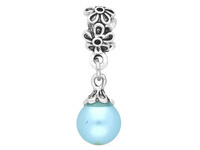 Oponka w kwiaty z perłą / zawieszka charms / 32x10x12mm / srebrny, błękitny / 1szt