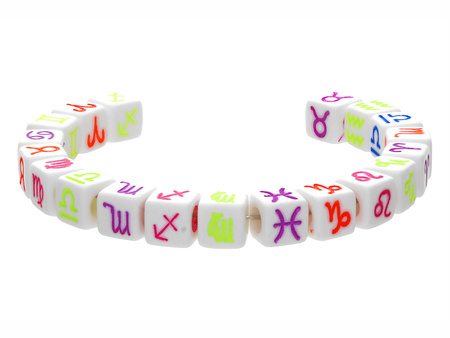 Koraliki akrylowe / białe z kolorowymi, neonowymi znakami zodiaku / 7mm / otwór 4mm / 20 koralików
