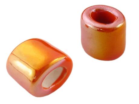 Koraliki ceramiczne / walec / pomarańczowy / opalizujący / 15x19x16mm / otwór 10x7mm