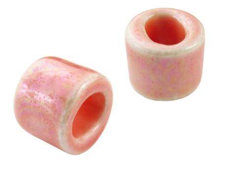 Koraliki ceramiczne / walec / różowy / nakrapiany / 14x17mm / otwór 8x10mm
